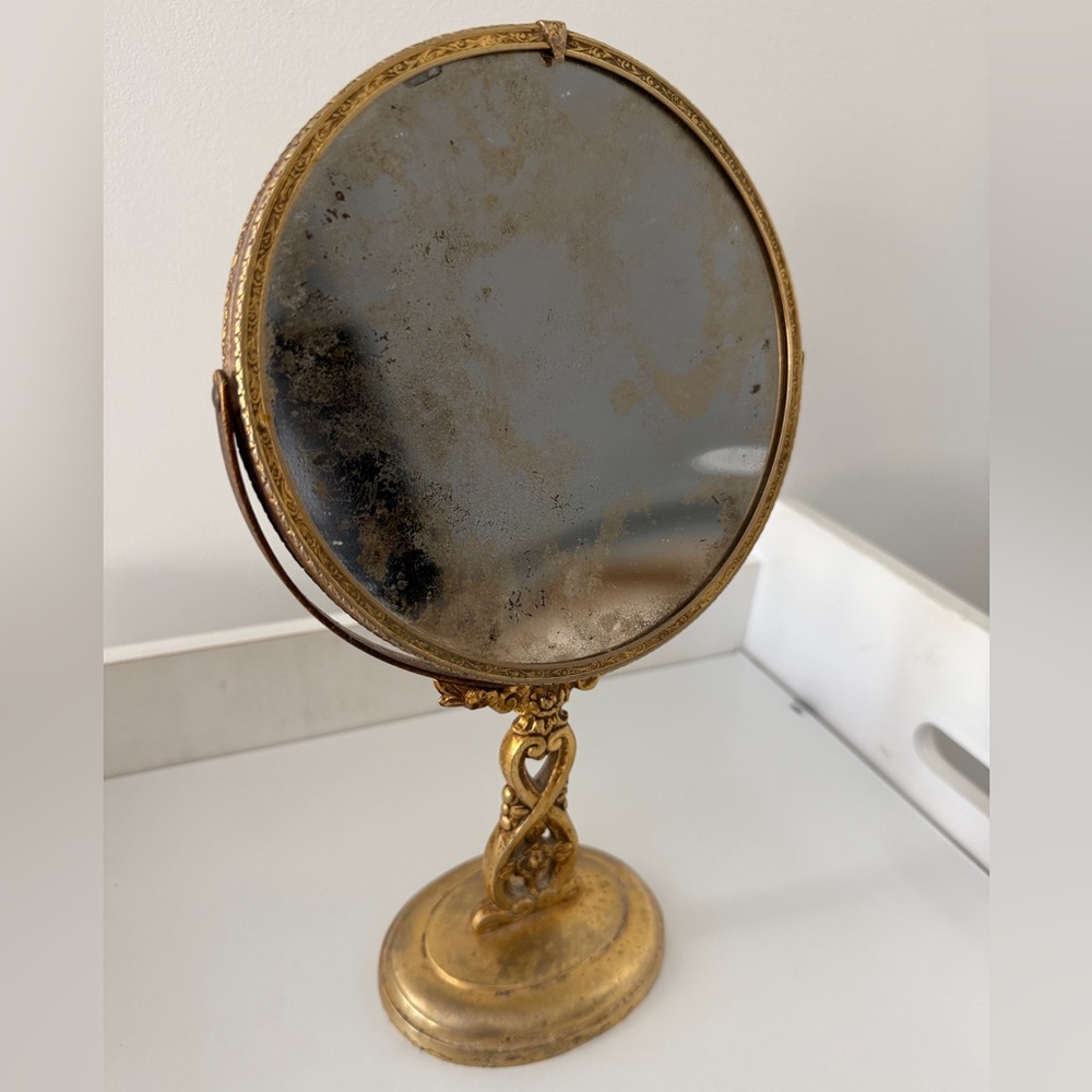 Vintage Gold Pedestal Vanity Mirror - Two Sided